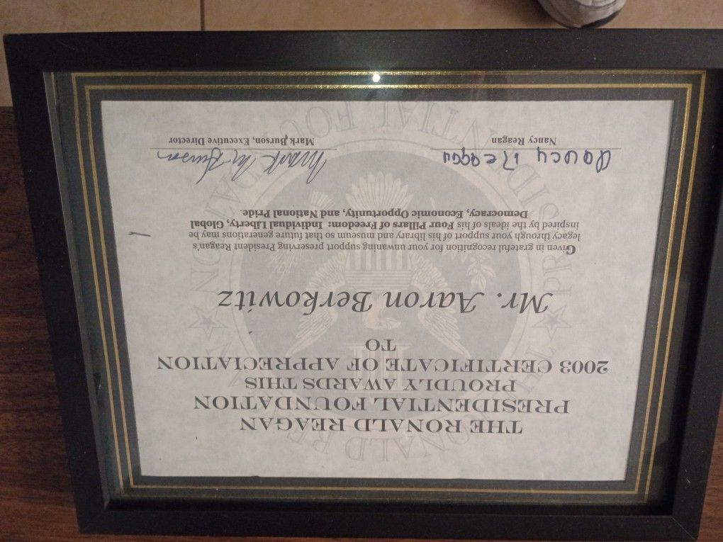 Award Signed By Nancy Reagan