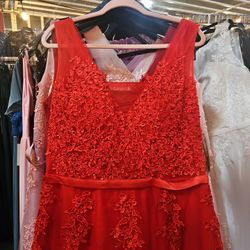 Red Tulle Dress With Floral Applique