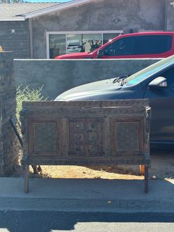Antique Carved Wood Cabinet with Metal Hardware