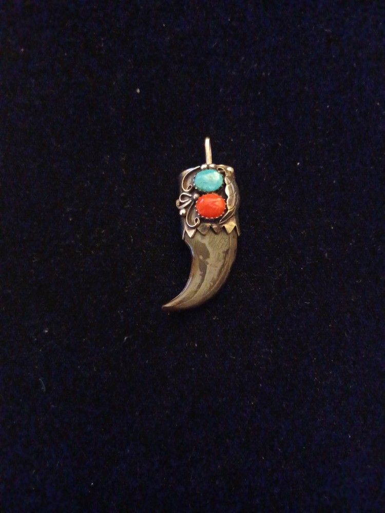 Sterling Silver Charm with Turquoise Stone, Coral Stone and Bear Claw