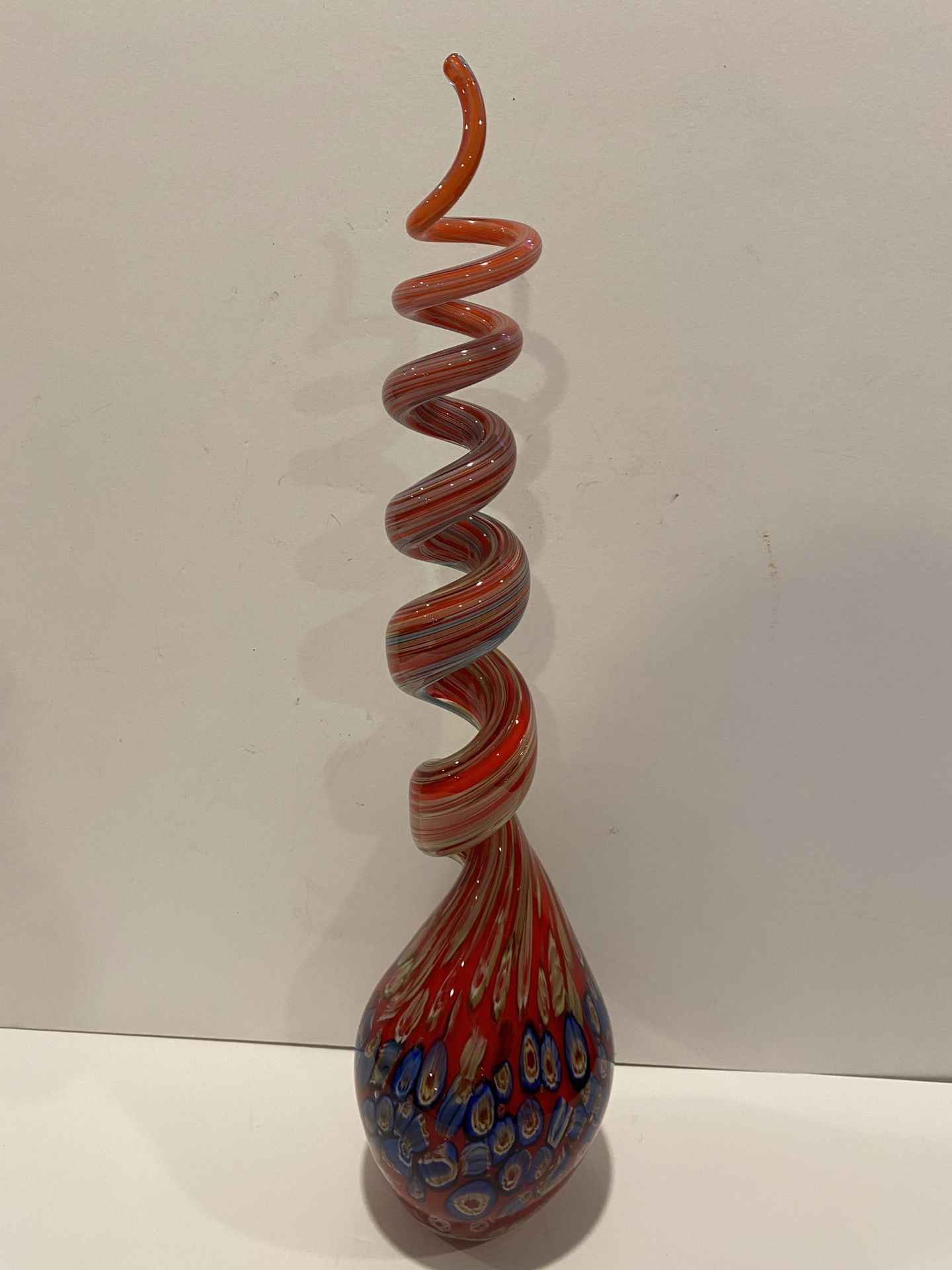 Hand Blown Millefiori? Art Spiral Glass Sculpture 17” tall by 4” wide  Tones of Red Blue and White