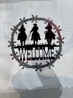 Barbwire Circle Welcome With Three Horse Riders Metal Sign 16