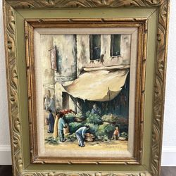 Vintage Market Scene Oil Painting – Framed (20x24) by Schwartzman