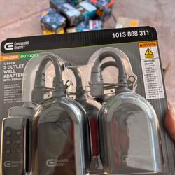 4-pack of Commercial Electric 2-Outlet Indoor/Outdoor Wall Adapters with Remotes.  Includes 4 adapters, each with 2 outlets, and 2 remotes.  Remotes o