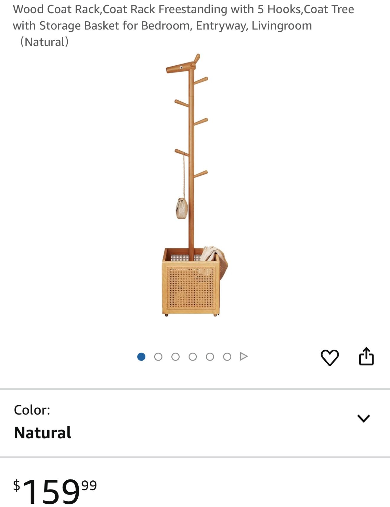 Wood Coat Rack,Coat Rack Freestanding with 5 Hooks,Coat Tree with Storage Basket for Bedroom, Entryway, Livingroom (Natural)