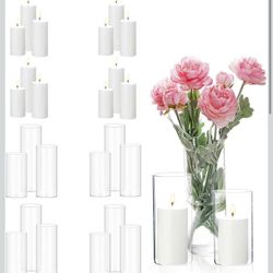 pillar candles and glass candle holders, clear cylindrical vases, pillar candle holders