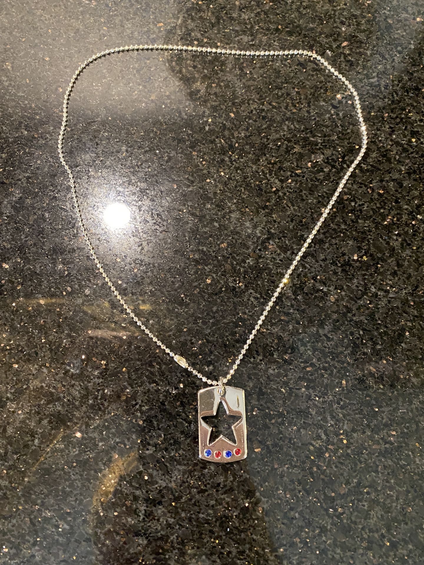 Souvenirs Silver Tone Dog Tag Necklace Star with Red & Blue Rhinestones