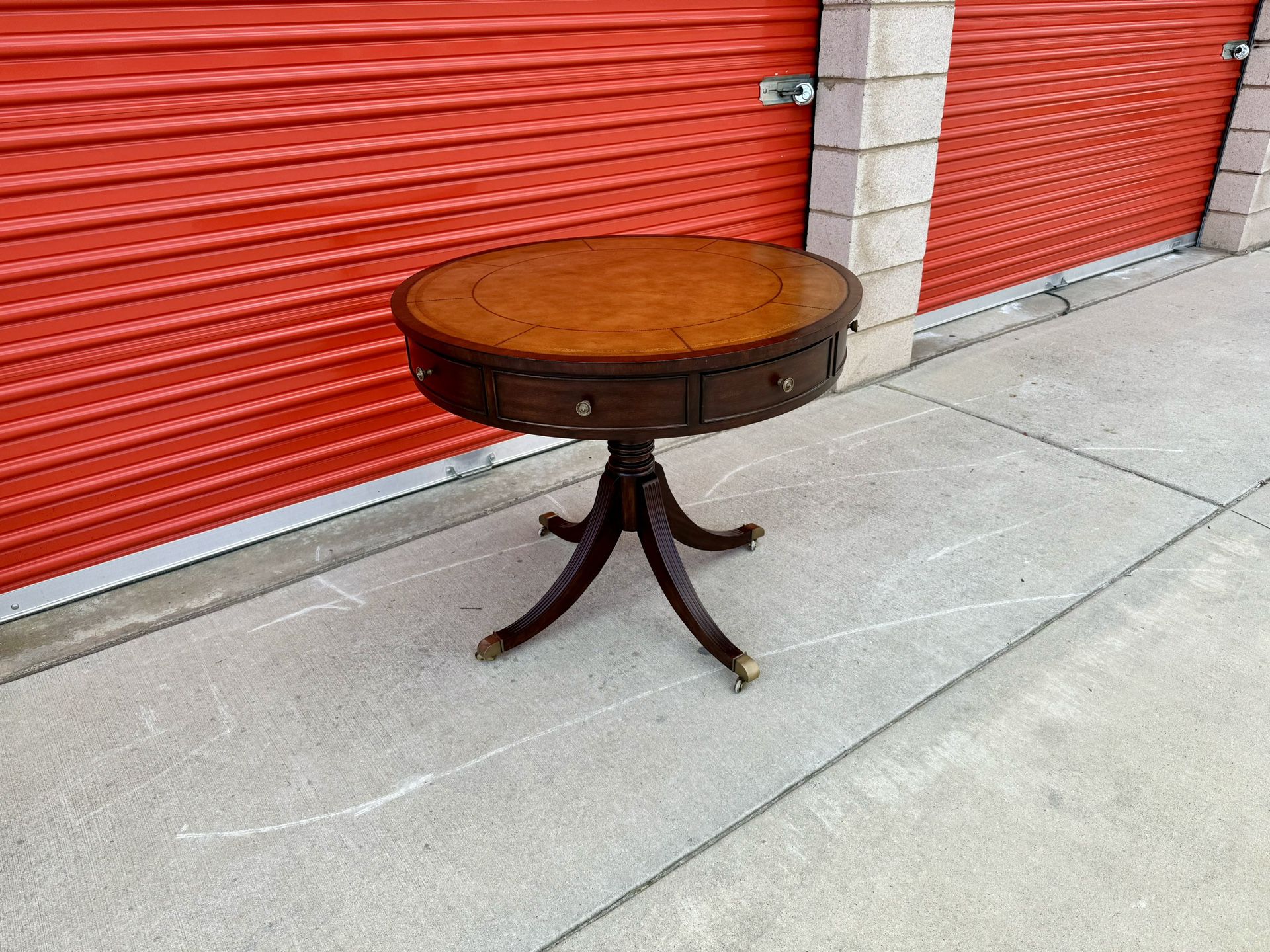 Round Leather Top Drum Table/ Foyer Table. Ethan Allen. Vintage