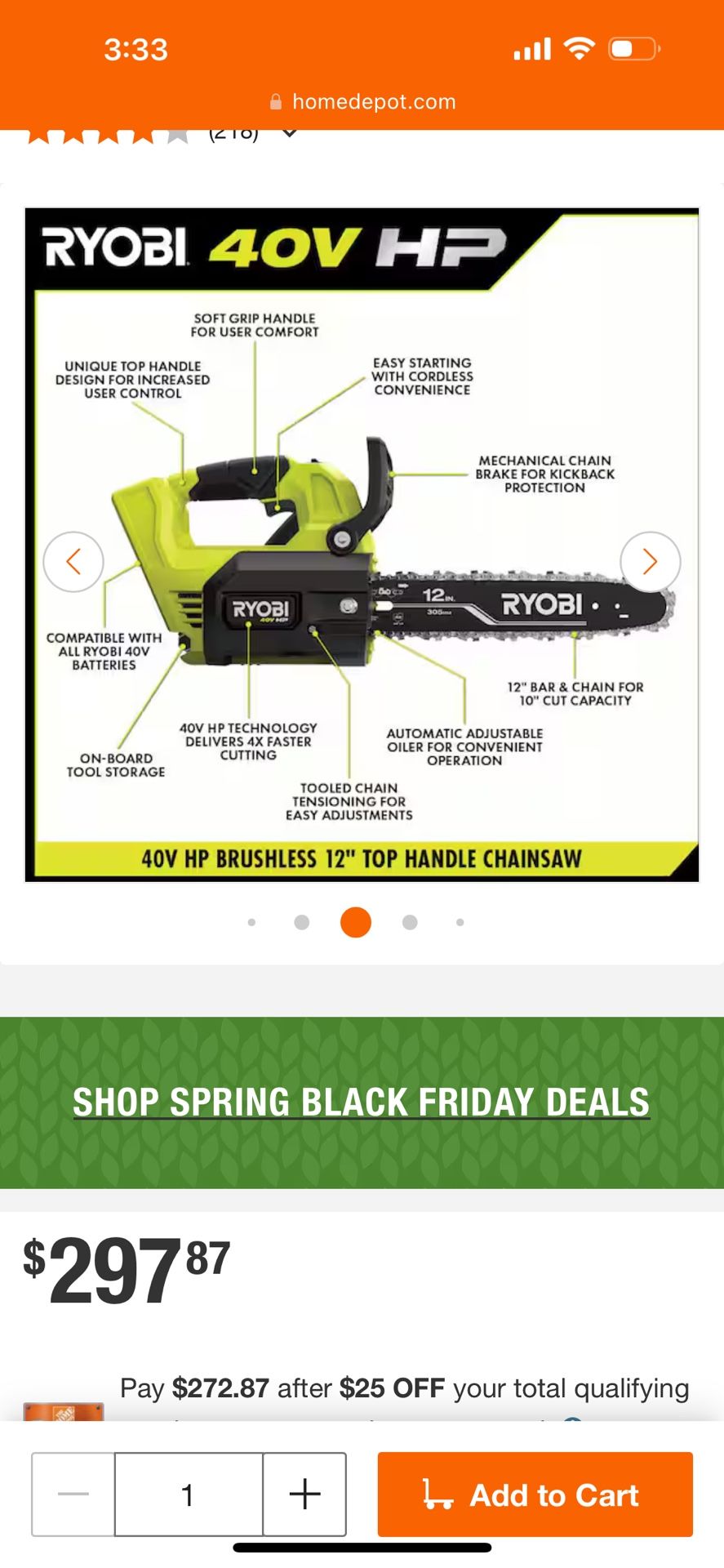 RYOBI 40V HP Brushless 12 in. Top Handle Battery Chainsaw, Extra Chain and Bar with 4.0 Battery and Charger