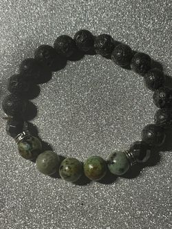Black Lava Stones With Green Multicolored Beads Bracelet 