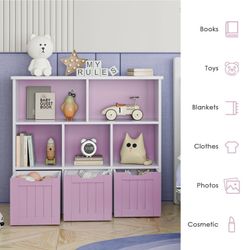 5 kids Storage Cube Organizer, Open Toy Display Bookshelf with Drawers, Pinkish Purple Finish