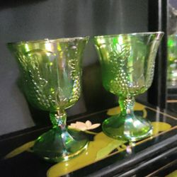 Vintage Set Of Teo Green Carnival Glass Goblets