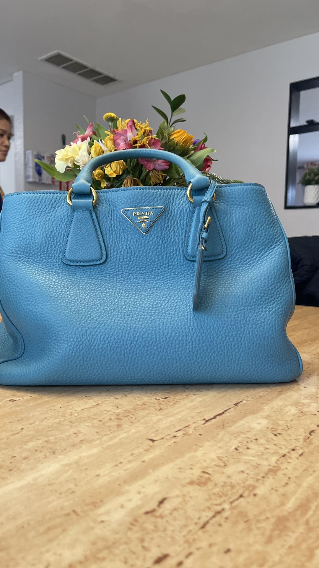 PRADA 2 Way Tote Bag Voyager Light Blue Leather
