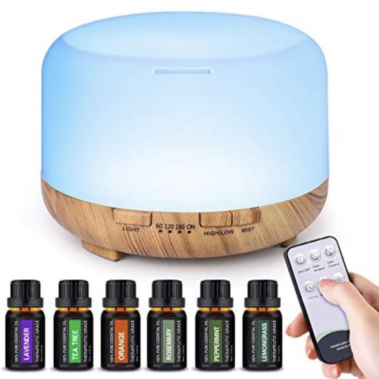 Diffuser with Essential Oils Included, 500ml Aromatherapy Diffuser with Oils Set 6x10mL, Aroma Diffuser with Oils Included Remote Control 14 Led Light