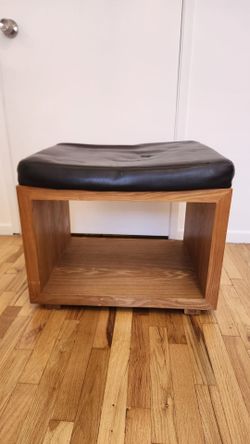 Retro black leather and wood Ottoman