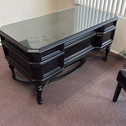 OFFICE DESK SET OF 2 SOLID WOOD TABLES WITH GLASS TOP HOME HOUSE FURNITURE BLACK 