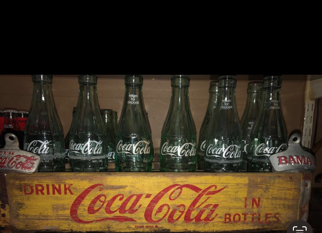 Vintage 1960s Coca Cola ~ Coke Yellow & Red Wooden Crate Box w/ 24 Green Bottles