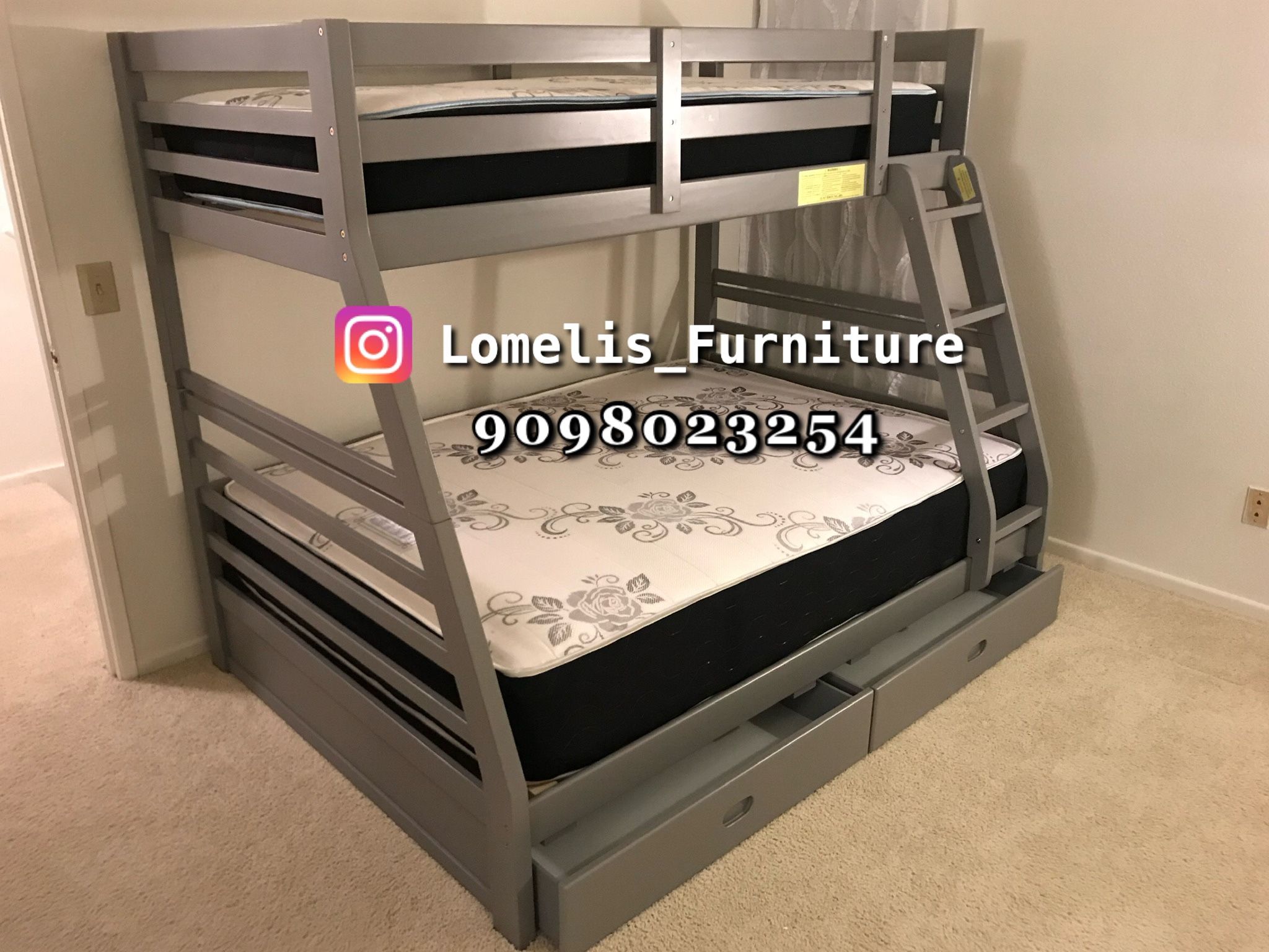 Twin/Full Gray Bunk bed w. Drawers & Ortho Mattresses Included