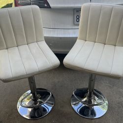 Set of 2 – Modern White Leather Bar Stools | Adjustable Height