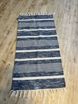 Blue And White Striped Kitchen Or Bath Mat/Rug