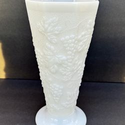 Vintage White Milk Glass Vase Octagon Grapes & Leaves 