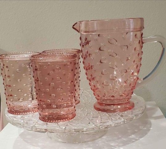 Vintage Pink Glass Hobnail Pitcher And 3 Glasses