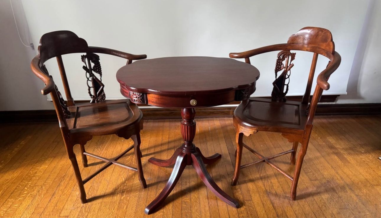 Vintage Mahogany Pedestal Drum Table & Ornate Corner Chairs