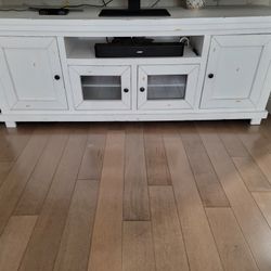 Farmhouse Distressed White TV Stand – Fits Up to 85" TV