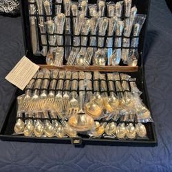 Complete 63 Piece Wm. Rogers & Son Gold-plated Flatware Set