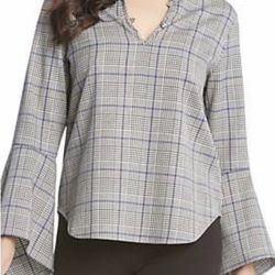Karen Kane Tulip Sleeve Plaid Blouse Size Medium 