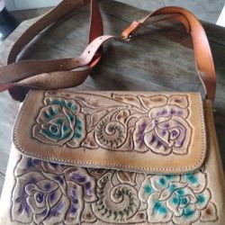 Leather Hand Tooled Handbag Embossed Mexico Floral Purse