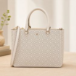 Tory Burch Robinson Perforated Leather Small Tote White/Gold Excellent Condition