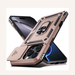 Case for iPhone 16 Pro,Heavy Duty Shockproof Full Body Protective Phone Cover,Built in Slide Camera Lens Cover+Finger Ring Stable Kickstand,Rose Gold