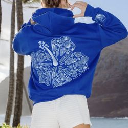 Pink Palm Puff “Hawaiian Hibiscus” Hoodie in Oceanic Blue