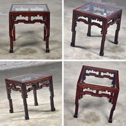 2 Late 20th Century Ming Style Rosewood End or Side Table With Square Glass Inset Top