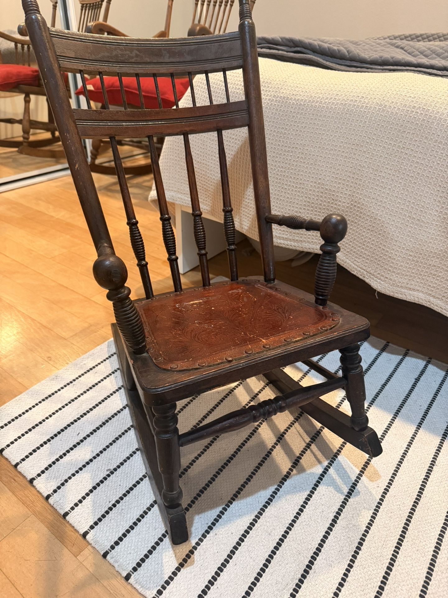 Antique 1860s Civil War Era Victorian Press Back Child’s Wooden Rocking Chair