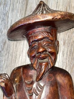 Vintage Chinese Fisherman Hand Carved Wood Figure
