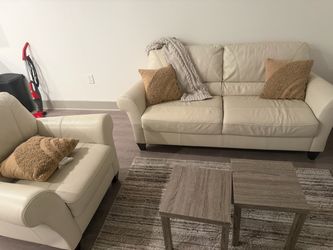 Cream Leather Couch & Chair Pair