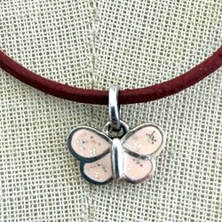 Coach Sterling Silver Pink Enamel Butterfly Necklace Red Leather Cord