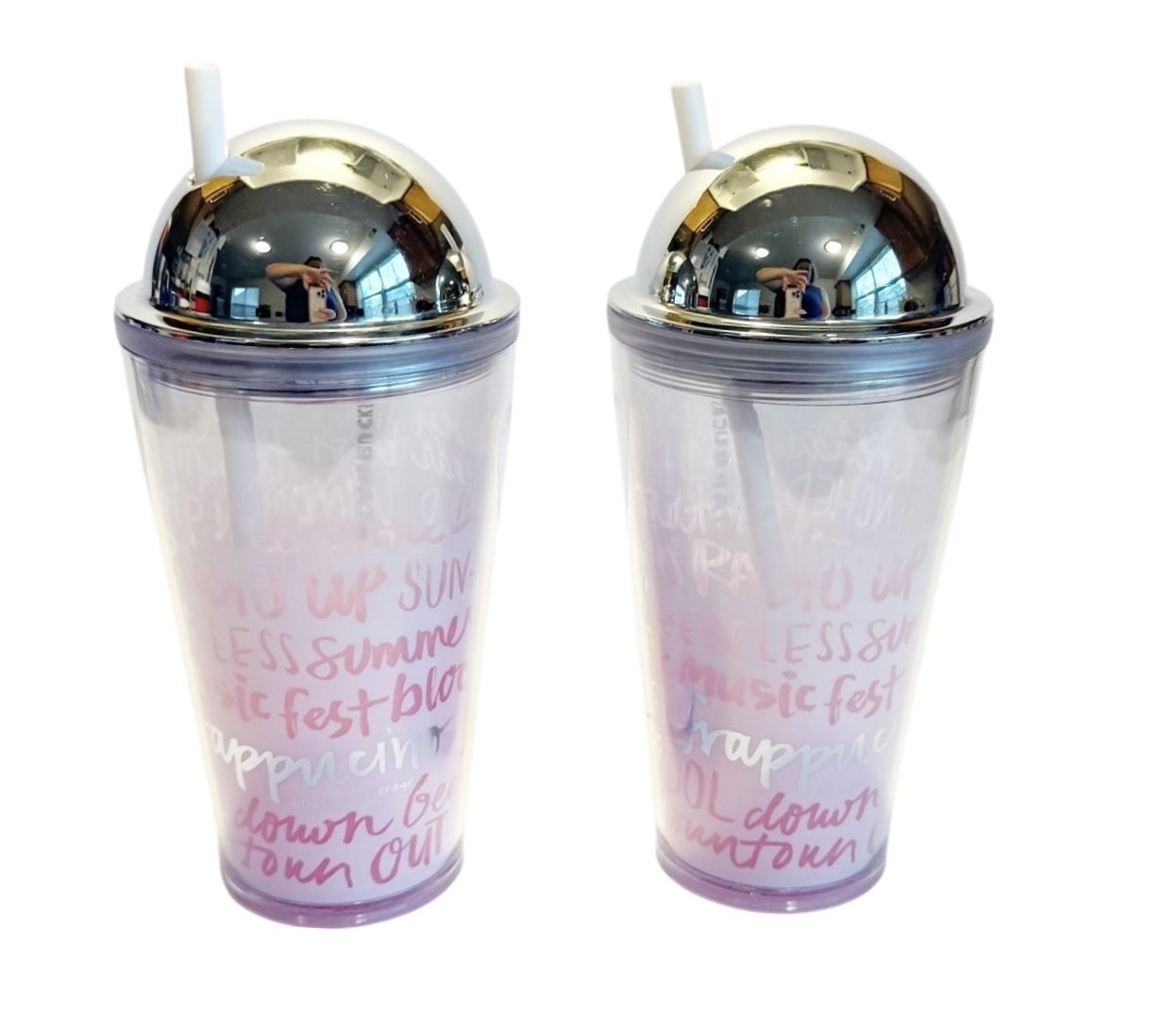 Starbucks 2014 Pair of Frosted Pink “Frappucino” Lover Silver Dome Lid Cold Cups