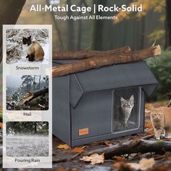 Large Heated Cat House for Outdoor Cats in Winter, Weatherproof & Elevated Outdoor Feral Cat Houses with Pet Heating Pad Bed, Outside Cat House for St