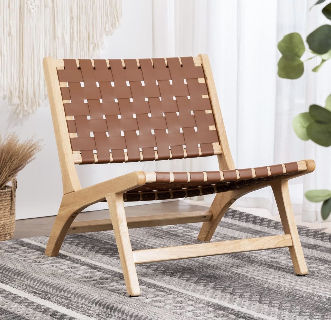 Nonfoldable Midcentury Modern Accent Chair, Woven Leather Cane Accent Chairs