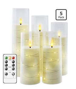 Elegant flameless candles with embedded star string lights. Set of 5. Color: white