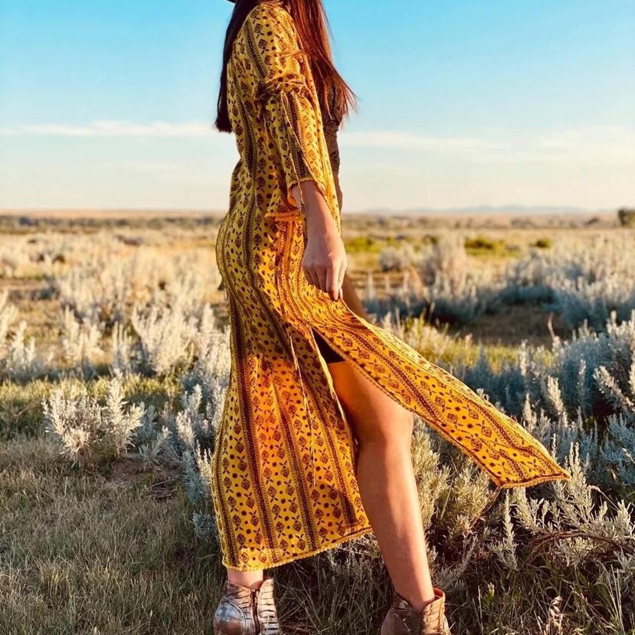 Boho Floral Duster Cardigan Dress Mustard Yellow Red Black
