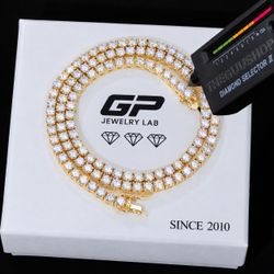 4mm & 2mm Moissanite Tennis Chain – 18" | Gold Plated 925 Sterling Silver | GRA Certified | Brand New