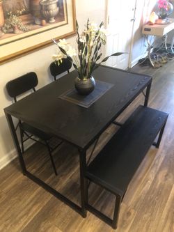 Black dining table set with 2 chairs and a Bench