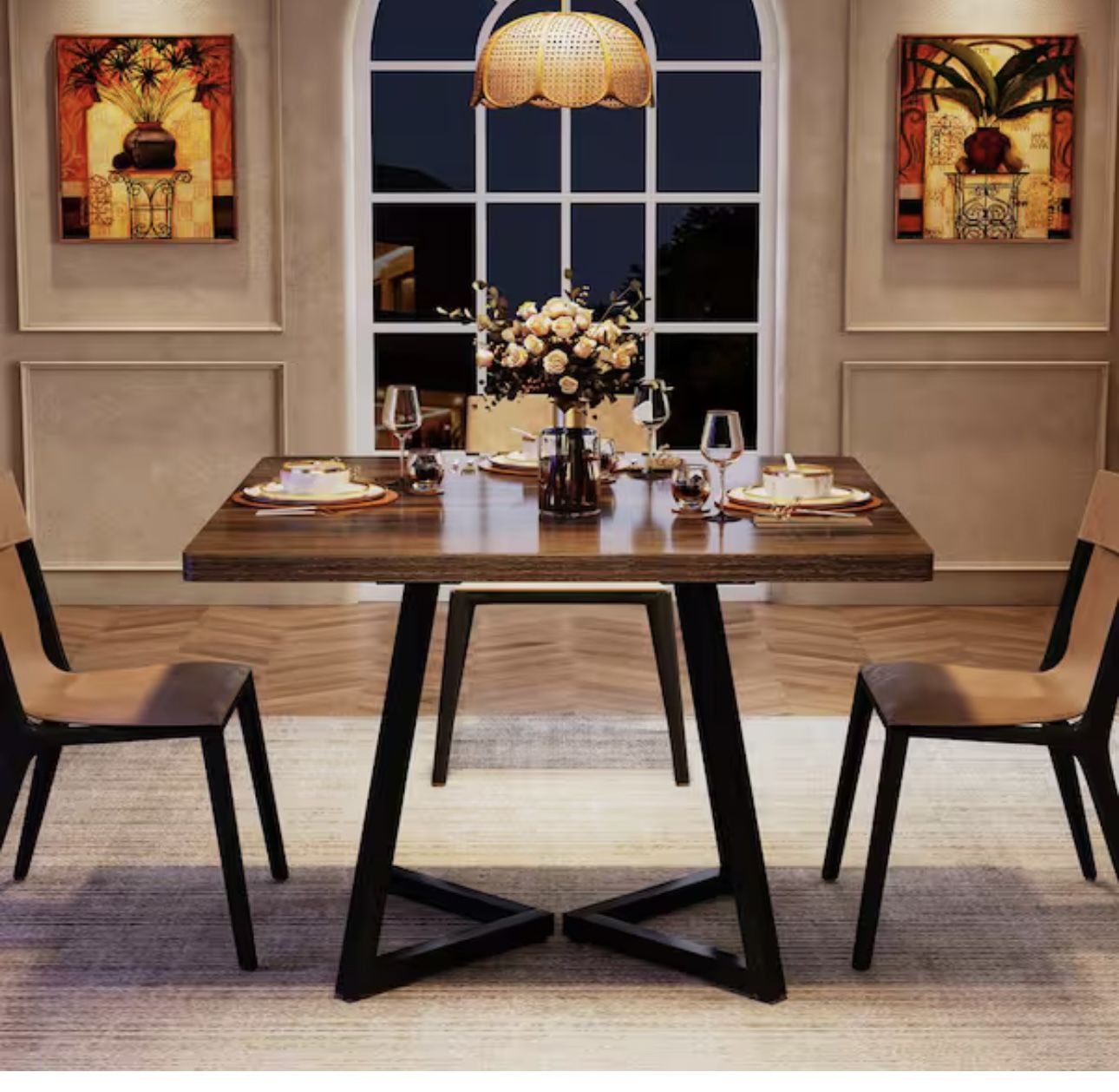 Lesley Industrial Brown Engineered Wood 31.5 in. Pedestal Dining Table with Metal Base, Small Kitchen Table (Seats 4)