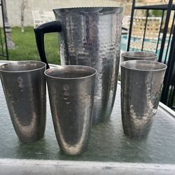 Mid Century  Hammered Aluminum Metal Pitcher & Cups, Set of 5