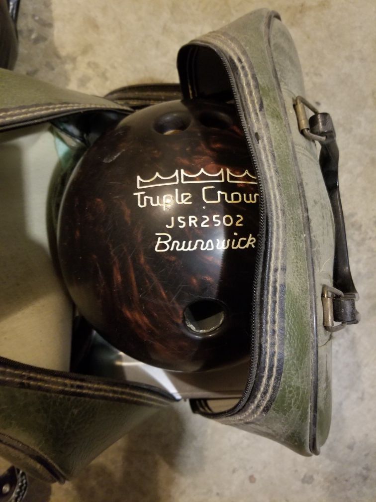Vintage bowling ball with leather bag