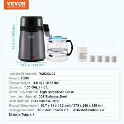 451^Water Distiller, 4L /1.05 Gallon Pure Water Still for Home Countertop, 750W Distilled Water Maker, 304 Stainless Steel Body Distilling Machine wit